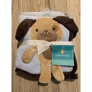 Tiddliwinks Blue Brown Puppy Dog Fleece Baby Boy Applique Blanket 40in x 30in